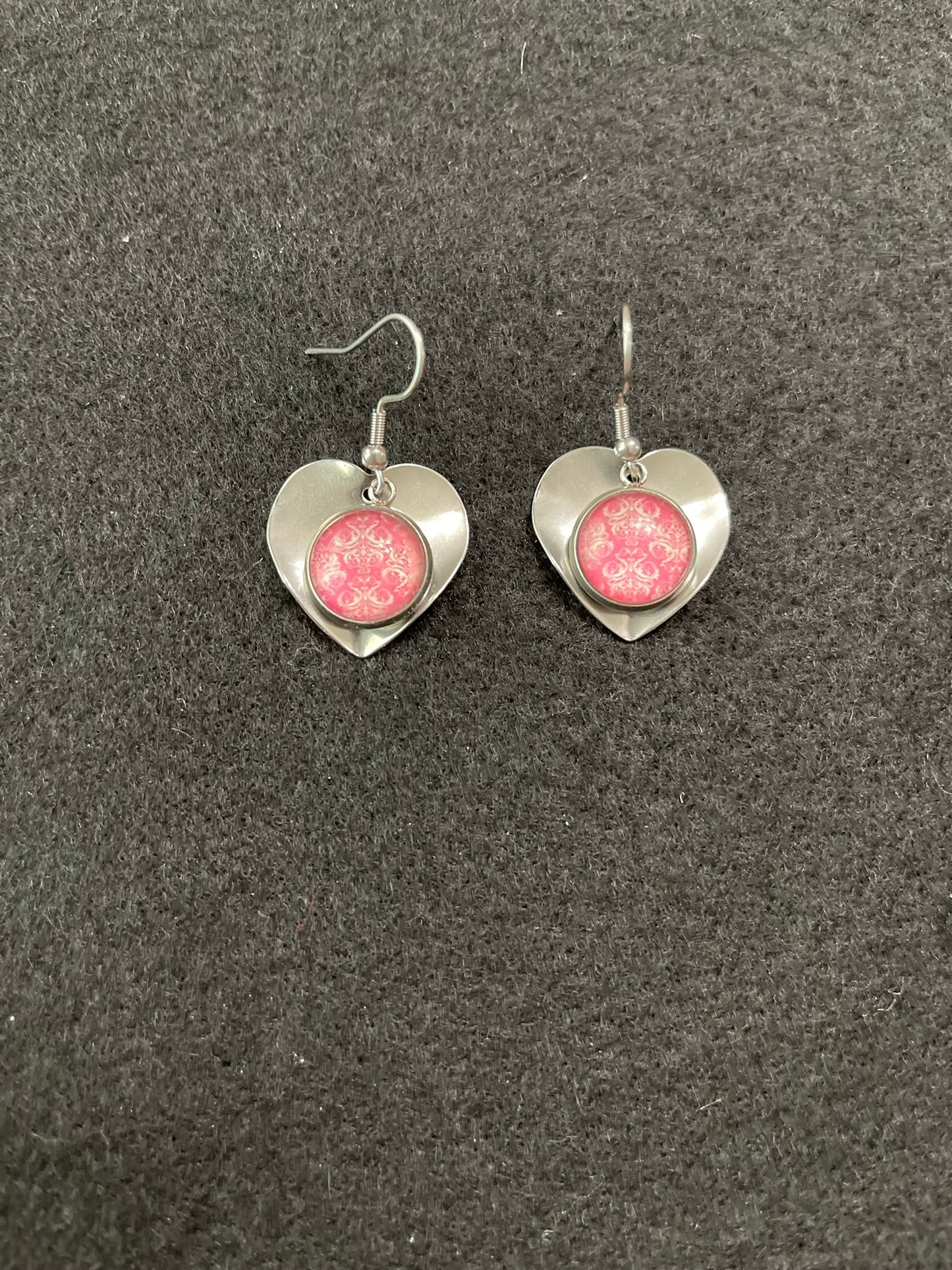 Vintage Victorian Wallpaper Inspired Pink Floral Heart Earrings