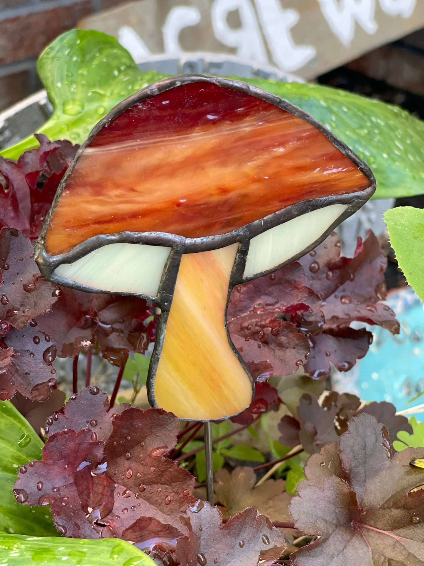 Stained Glass Garden Mushroom Red Orange Swirl