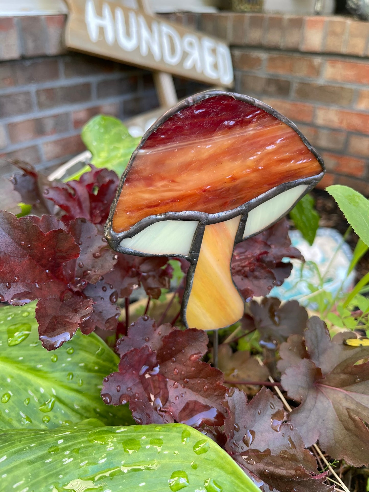 Stained Glass Garden Mushroom Red Orange Swirl