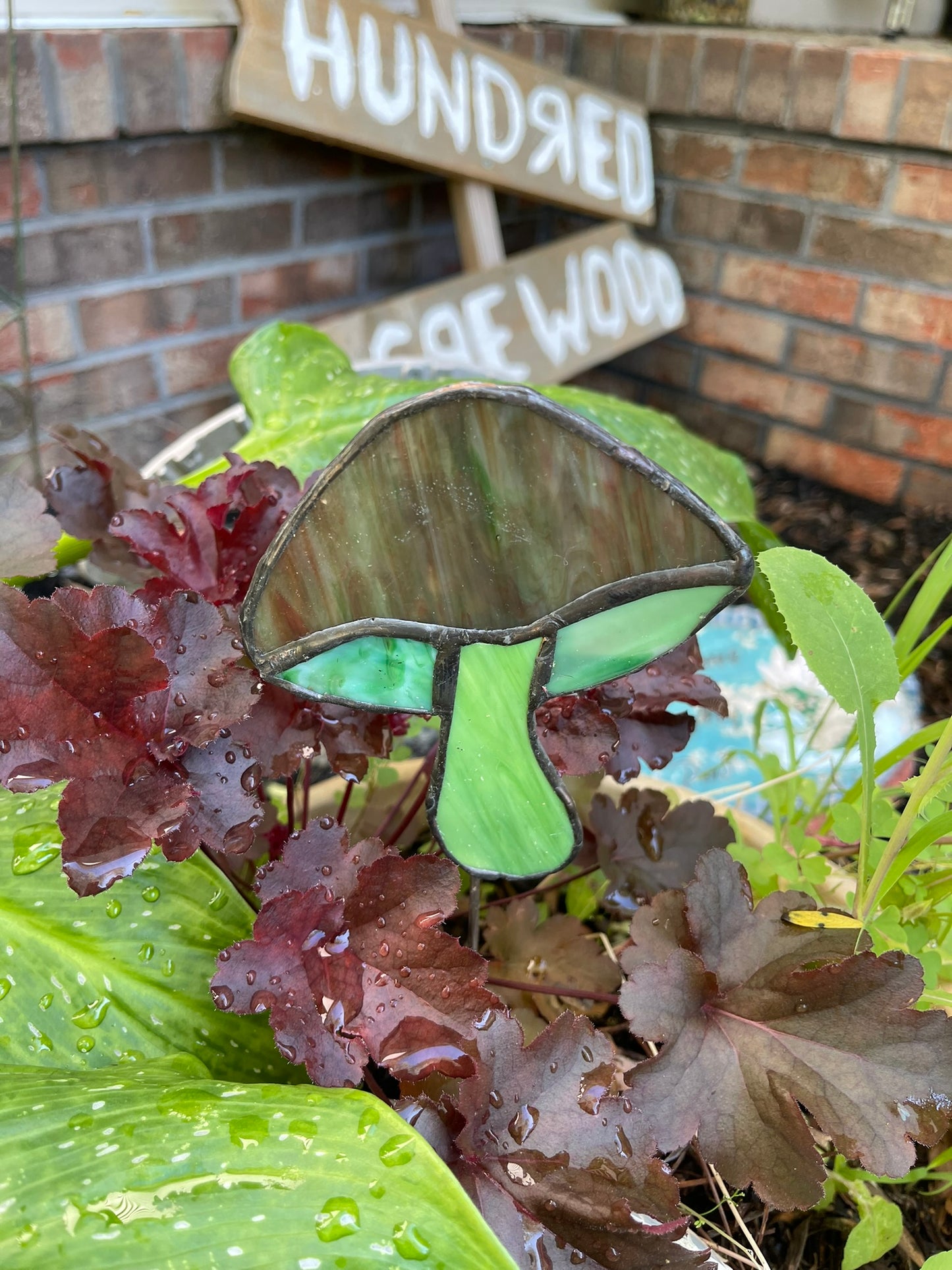 Stained Glass Garden Mushroom Green Swirl