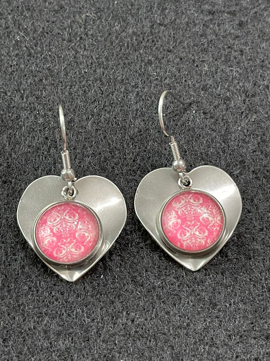 Vintage Victorian Wallpaper Inspired Pink Floral Heart Earrings