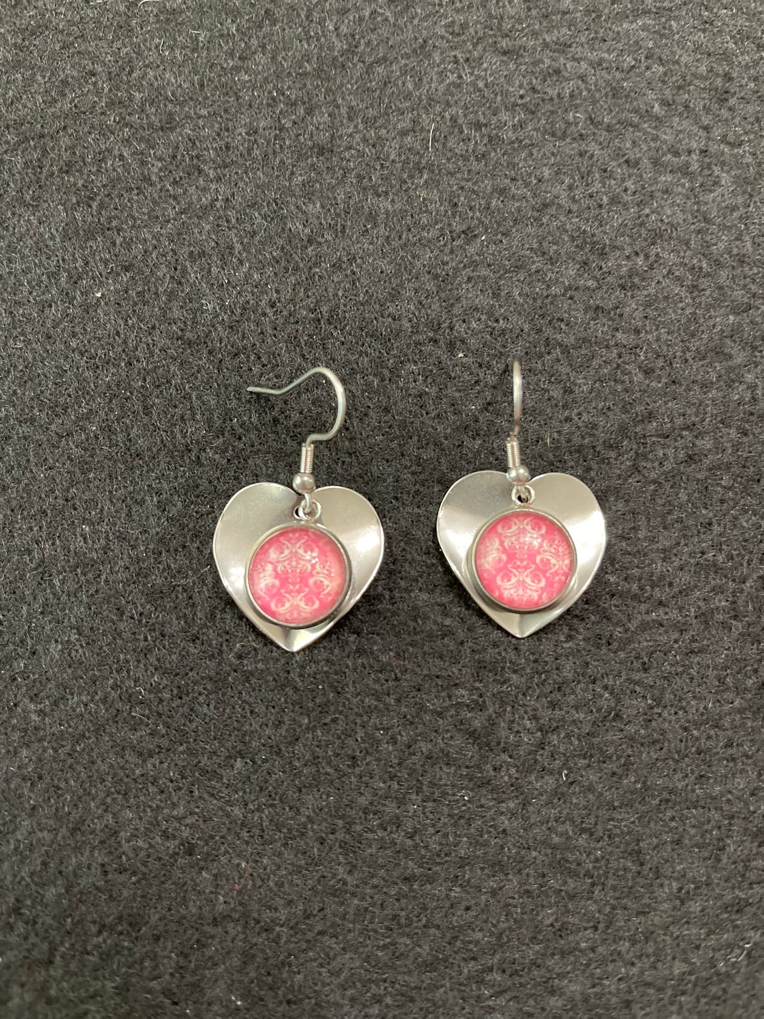 Vintage Victorian Wallpaper Inspired Pink Floral Heart Earrings