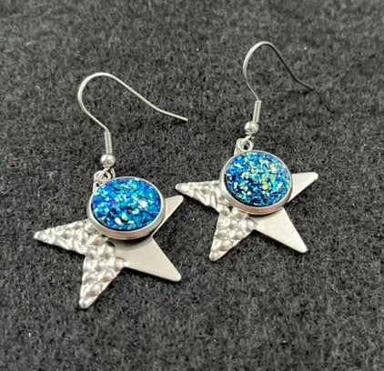 80s Inspired Retro Earrings Blue and Silver Stars 4th of July
