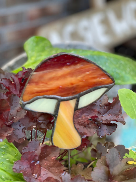 Stained Glass Garden Mushroom Red Orange Swirl