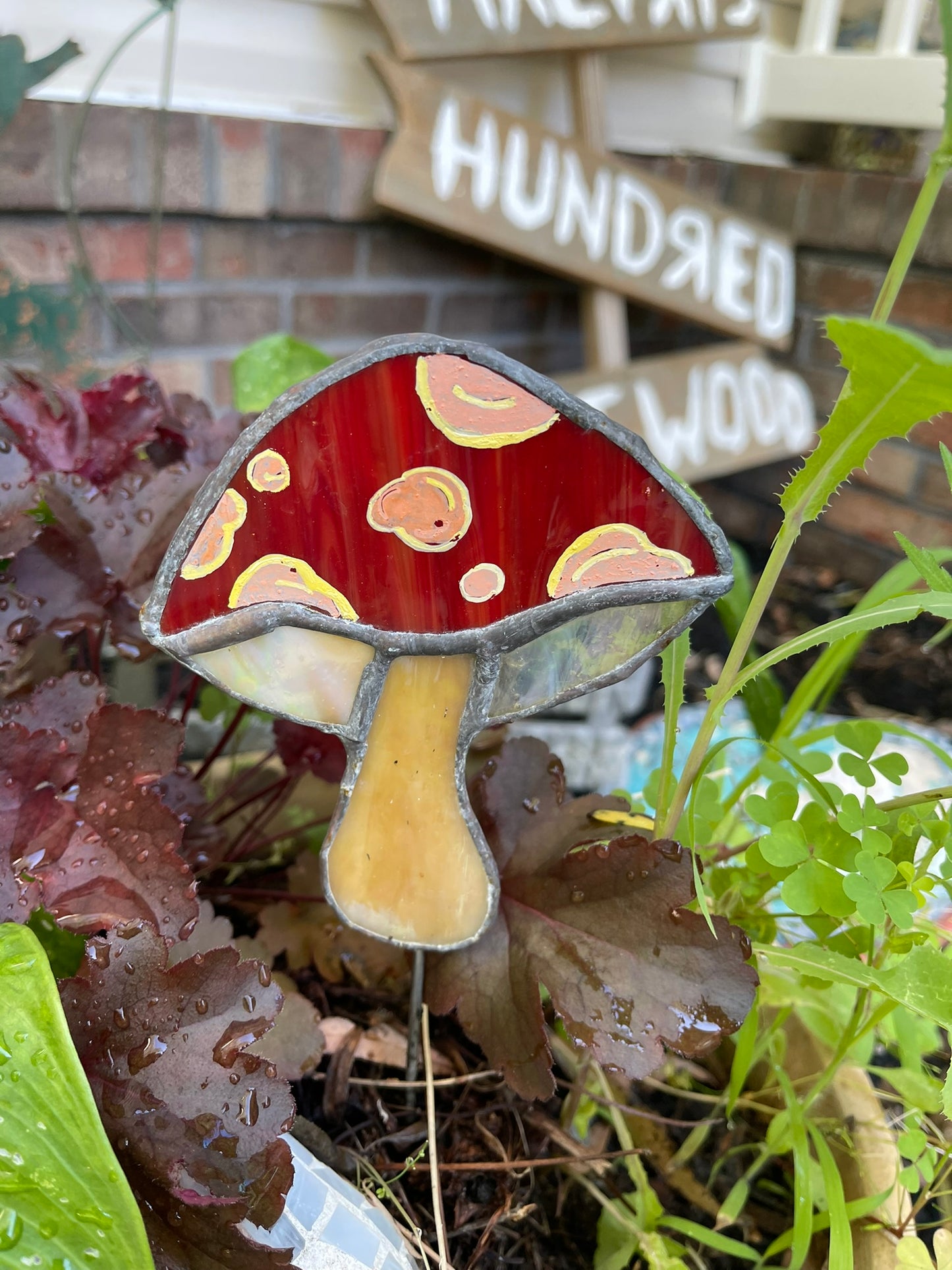 Stained Glass Garden Mushroom Red and Yellow
