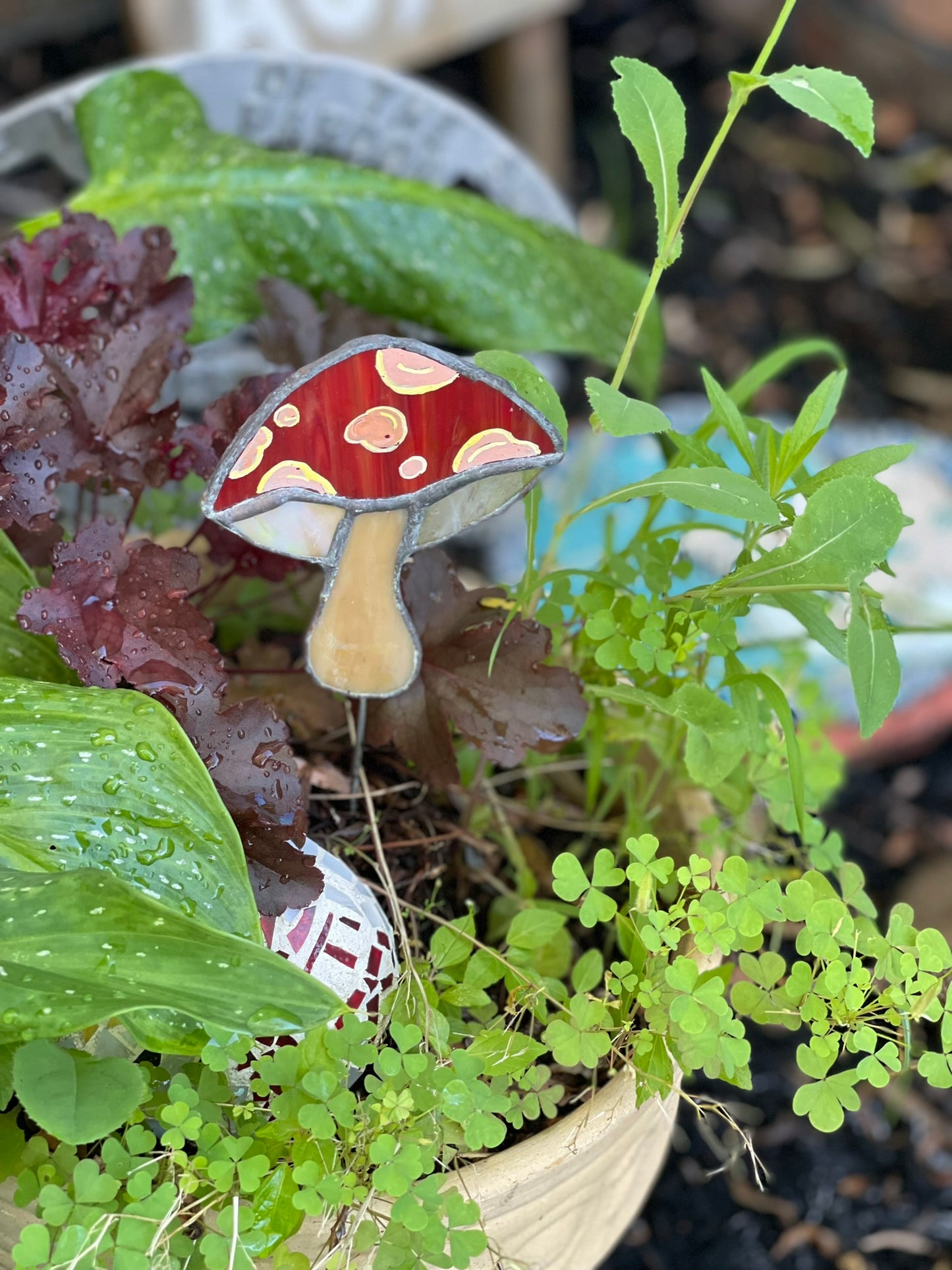 Stained Glass Garden Mushroom Red and Yellow